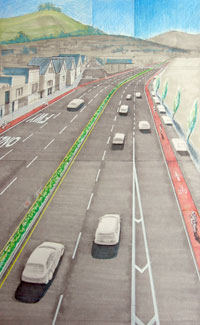 Cesar Chavez Street with bike lanes, rendered by James Weinberger