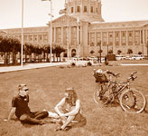 Bikers take a break at City Hall